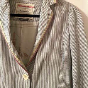 Anthropologie Cartonnier White Blue Stripe Linen and Cotton Blazer, Size 10